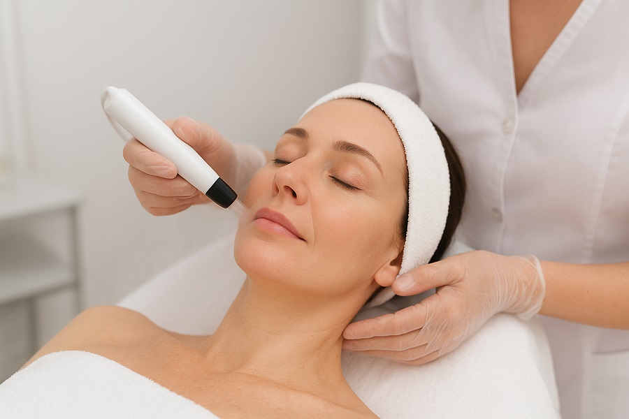 Kobieta podczas zabiegu ekspresowego liftingu Peel Mission w profesjonalnym gabinecie kosmetycznym w Rzeszowie, naturalny efekt odmłodzenia skóry twarzy