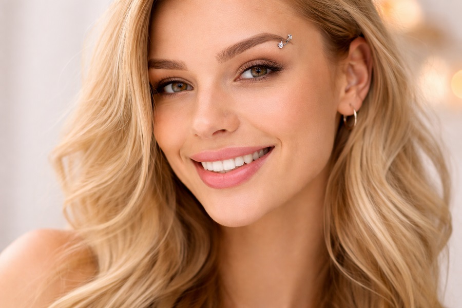 Piercing brwi u uśmiechniętej kobiety – subtelna biżuteria w brwi podkreślająca naturalną urodę i rysy twarzy.