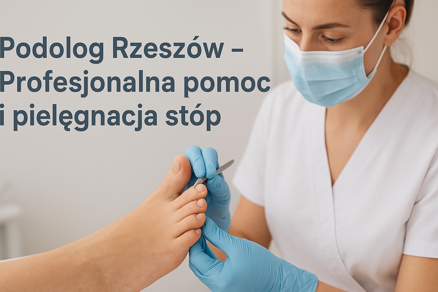 Podolog wykonuje profesjonalną konsultację stóp w gabinecie, trzymając narzędzia i oceniając stan skóry oraz paznokci pacjenta.
