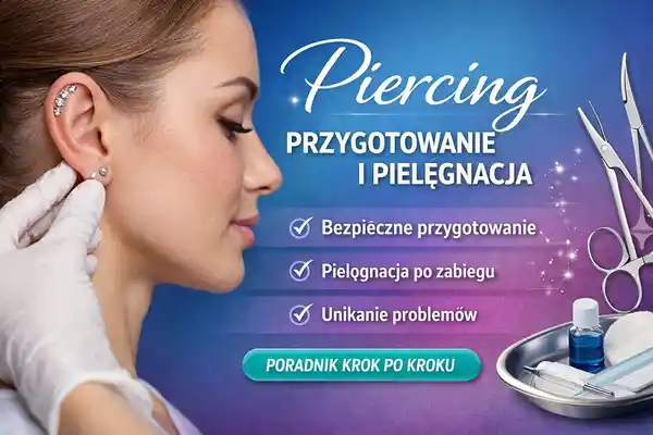 Piercing – przygotowanie i pielęgnacja. Zdjęcie kobiecego ucha z nowym piercingiem w helisie i płatku, ręka piercera w rękawiczce, narzędzia do piercingu i zestaw do dezynfekcji. Poradnik krok po kroku dla bezpiecznego zabiegu i pielęgnacji.