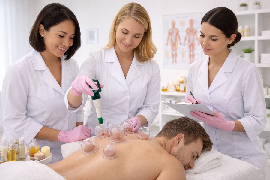 Szkolenie z masażu bańką chińską w Rzeszowie – kursantka wykonuje zabieg na modelu pod okiem instruktora w profesjonalnym gabinecie Centrum Kosmetyczne ELSA