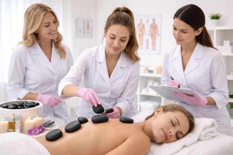 Szkolenie z masażu gorącymi kamieniami w Rzeszowie – kursantka wykonuje masaż na modelce pod okiem instruktora w profesjonalnym gabinecie Centrum Kosmetyczne ELSA