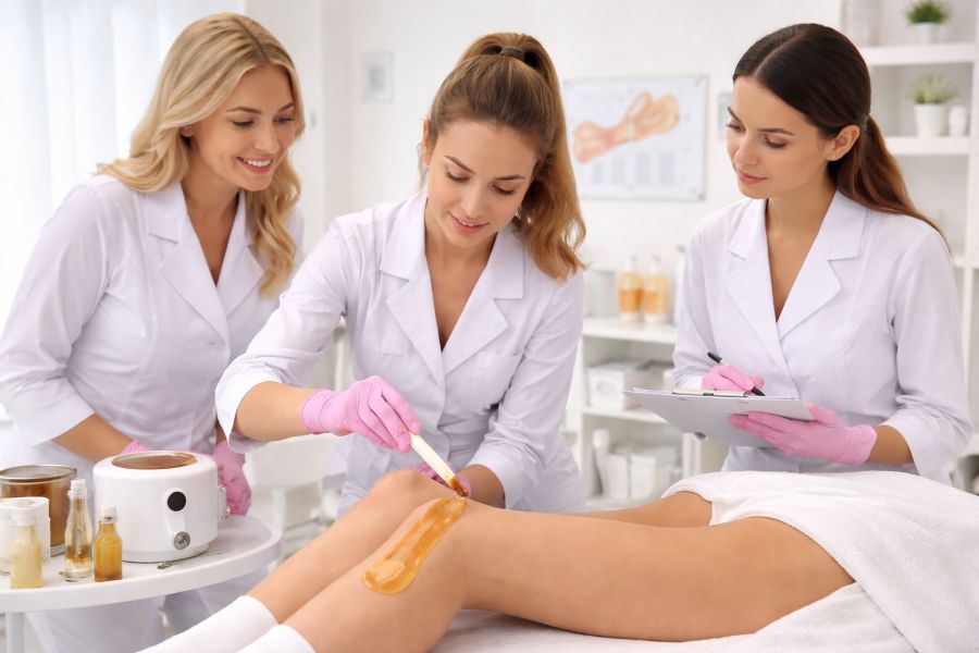 Szkolenie z depilacji ciepłym woskiem w Rzeszowie – kursantka wykonuje zabieg depilacji na modelce pod okiem instruktora w profesjonalnym gabinecie Centrum Kosmetyczne ELSA