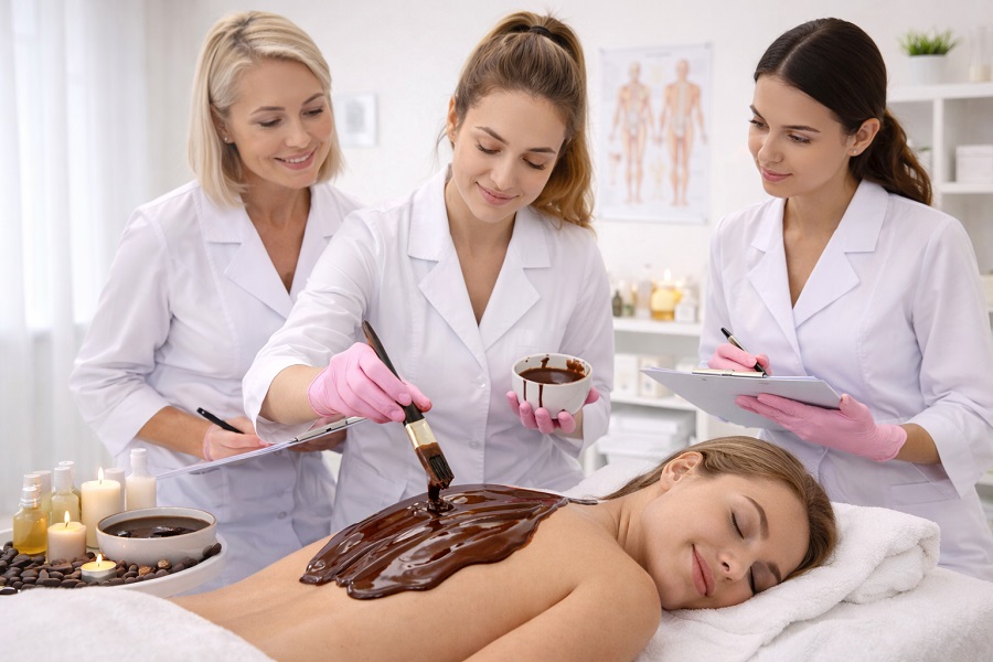 Szkolenie z masażu gorącą czekoladą w Rzeszowie – kursantka wykonuje zabieg na modelce pod okiem instruktora w profesjonalnym gabinecie Centrum Kosmetyczne ELSA