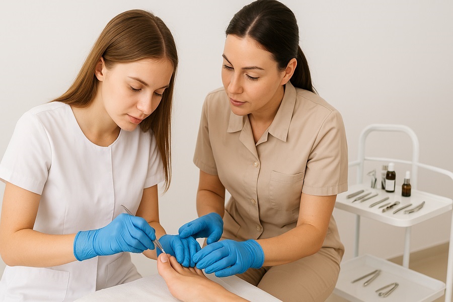 Instruktorka i kursantka podczas kursu podologicznego pracują przy stopie modelki – obie ubrane w uniformy medyczne, w rękawiczkach, skupione na praktycznym zabiegu w jasnym, nowoczesnym gabinecie.