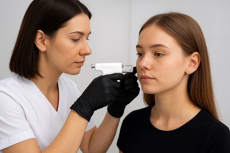 Instruktorka w białym uniformie wykonuje przekłuwanie ucha modelce przy użyciu pistoletu STUDEX System75 podczas kursu przekłuwania w Centrum Kosmetyczne ELSA