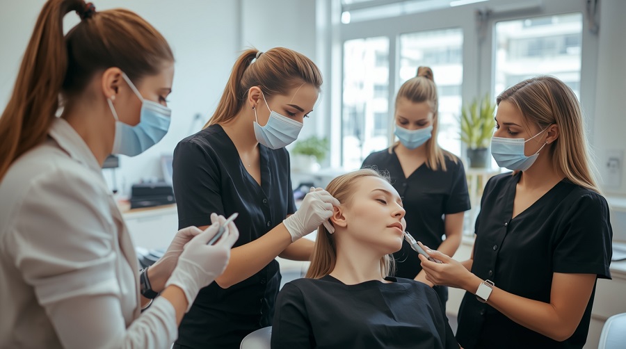 Grupa kursantek podczas szkolenia z piercingu w nowoczesnym gabinecie kosmetycznym. Instruktorka nadzoruje zabieg przekłuwania ucha wykonywany przez uczestniczki szkolenia, wszystkie w maseczkach ochronnych i rękawiczkach, w profesjonalnym i higienicznym otoczeniu.